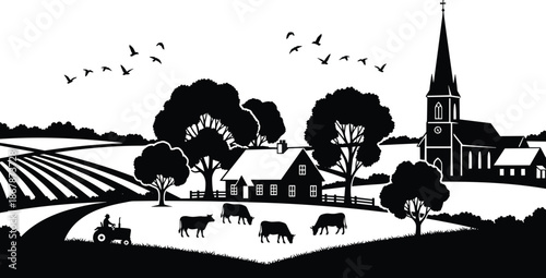 Rural countryside farm landscape silhouette with church cows trees fields birds peaceful village agriculture scene vector illustration black white design