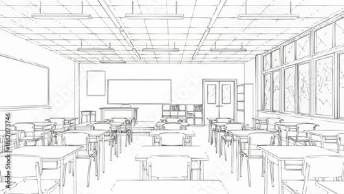 Empty Classroom Sketch with Desks and Whiteboards.