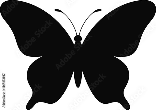 A black butterfly silhouette with spread wings on gray background.