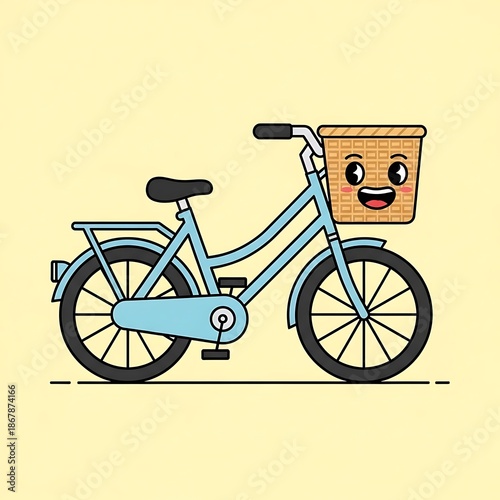 Smiling bicycle with cartoon basket.