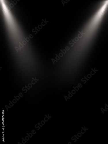Bright white stage spotlights with dramatic light beams on black background creating moody theater concert lighting scene with copy space for event promotion performance poster banner