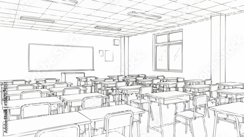 Empty Classroom Sketch with Desks and Whiteboard.