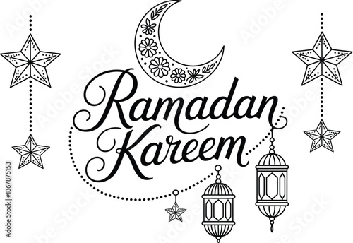 Beautiful ramadan kareem greeting with crescent moon lanterns and stars on white background Vector illustration