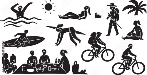 Summer Vacation Silhouette Icons of People Enjoying Leisure Activities