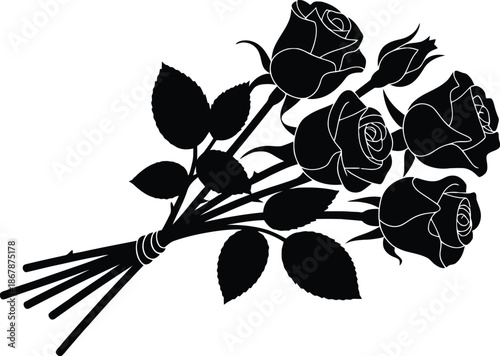 Black silhouette of a bouquet of roses isolated on white background.