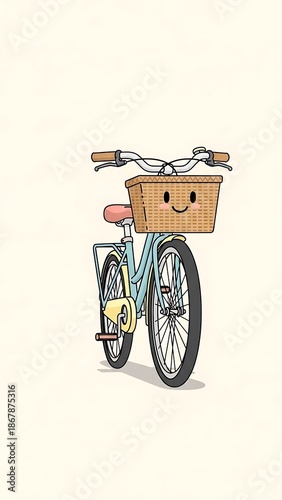 Smiling bicycle with wooden basket.