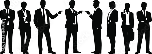 Silhouette of eight businessmen in various poses isolated on white background.