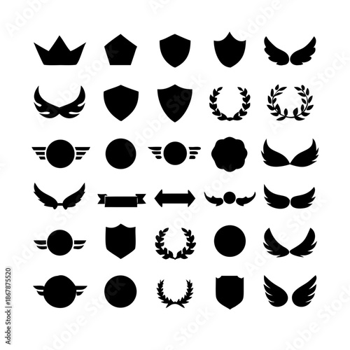 Collection of vector heraldic elements including laurel wreaths shields wings and ribbons perfect for creating logos or designs . elegant laurel wreaths, shields, wings, and ribbon vector set