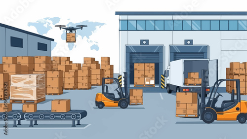 Modern logistics warehouse with drone delivery and forklifts.