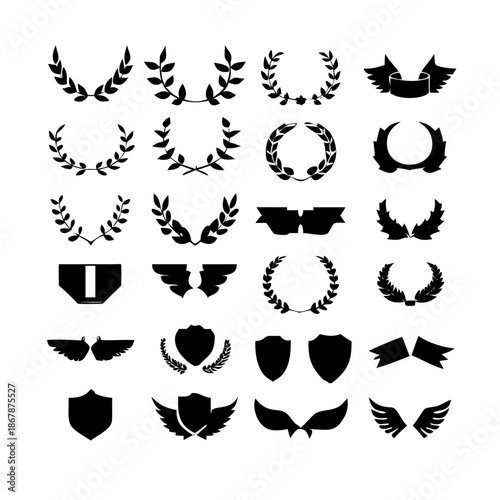 Collection of vector heraldic elements including laurel wreaths shields wings and ribbons perfect for creating logos or designs . elegant laurel wreaths, shields, wings, and ribbon vector set