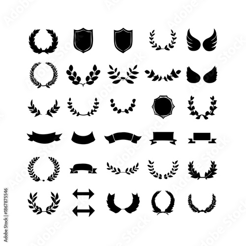 Collection of vector heraldic elements including laurel wreaths shields wings and ribbons perfect for creating logos or designs . elegant laurel wreaths, shields, wings, and ribbon vector set