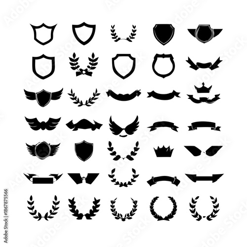 Collection of vector heraldic elements including laurel wreaths shields wings and ribbons perfect for creating logos or designs . elegant laurel wreaths, shields, wings, and ribbon vector set