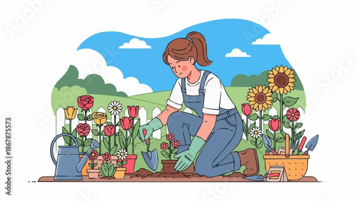 Young woman planting flowers in a garden on a sunny day.