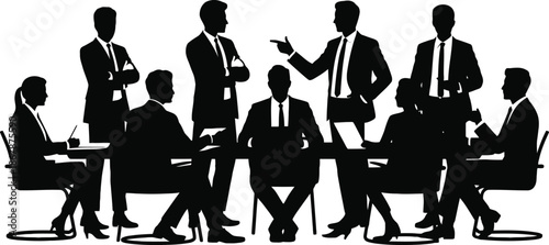Silhouette of business professionals in a meeting isolated on white background.