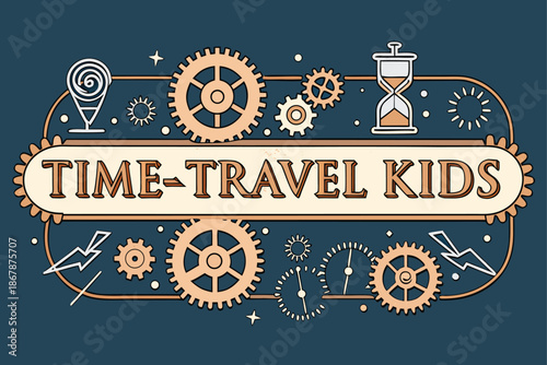 A fun and imaginative logo featuring chunky gears and clockwork design for Time Travel Kids, perfect for educational or entertainment projects