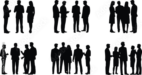 Collection of business people silhouettes in various poses and groups isolated on white background.