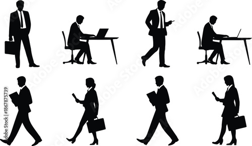 Silhouette of business people in various professional settings and poses isolated on white background.
