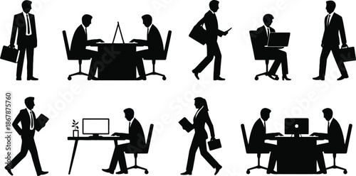 Collection of business people working in office settings in black silhouette.