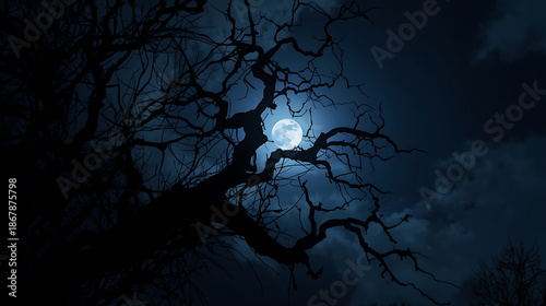 A dark, cinematic night scene features a full moon behind drifting clouds, with twisted, leafless tree branches in sharp silhouette. The deep blue sky, misty fog, and soft moonlight rays create an eer