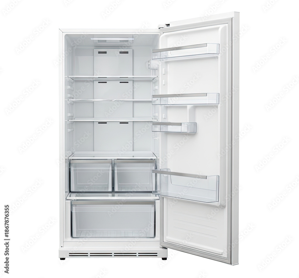 Fototapeta premium An open refrigerator door with an empty white interior.