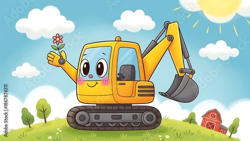 Smiling cartoon excavator holding a flower.