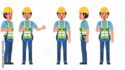 Five cartoon illustrations of a male construction worker in various poses, wearing a hard hat, safety vest, and harness, giving thumbs up.