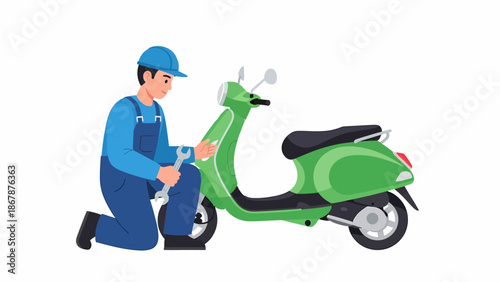 A mechanic in blue overalls is repairing a green scooter with a wrench.