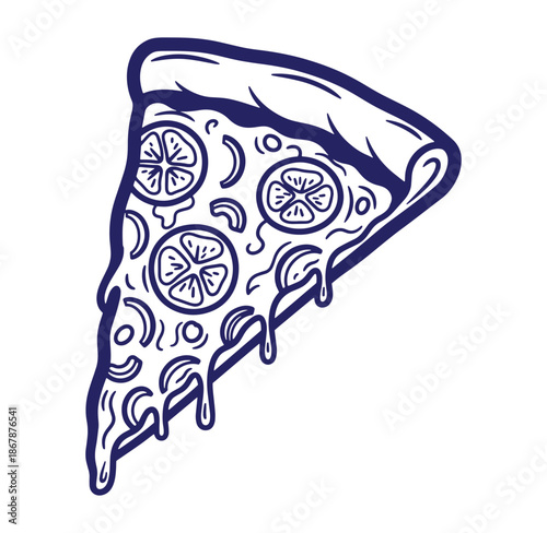 Delicious slice of pizza vector illustration with tomato toppings and dripping cheese