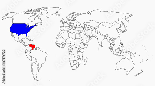 World Map with USA in Blue and Venezuela in Red Highlighted