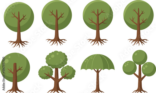 Collection of flat vector tree icons with roots and branches including deciduous round fruit and umbrella shaped foliage for nature design