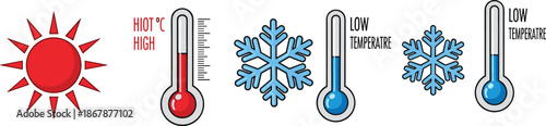 Hot and cold temperature icons with sun, snowflake, thermometers, weather symbols for climate, seasons, forecast, and educational use