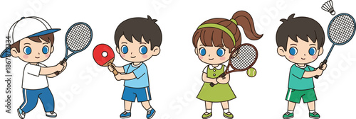 Cute Cartoon Children Playing Racket Sports Including Tennis Table Tennis and Badminton Isolated Vector Illustration for Kids Fitness and Activities