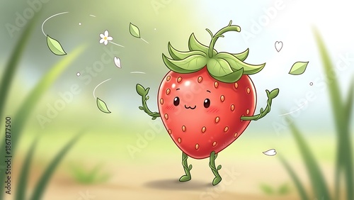 Happy strawberry cartoon character outdoors.