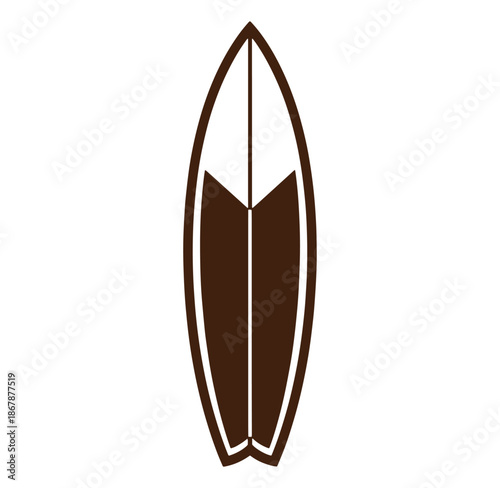 Minimalist brown and white surfboard icon design for summer and water sports activities