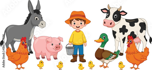 Cute Cartoon Farmer Boy with Farm Animals Set Including Cow Pig Donkey Hen Duck and Chicks Vector Illustration Isolated on White