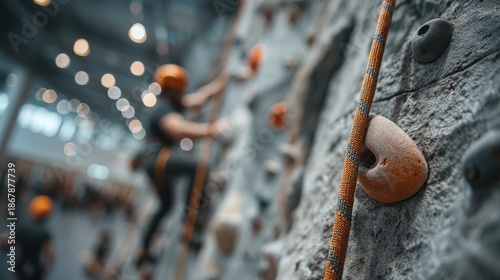 A climbing coach assists a climber on an indoor rock wall during a training session.