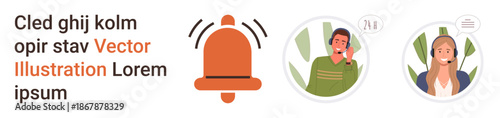 Notifications, communication, remote work, connectivity, digital interaction, alerts. A bell icon and two persons discussing online. Notification and communication concept