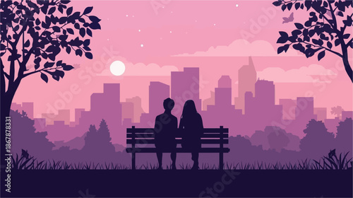 Romantic silhouette of a couple sitting on a park bench, watching the sunset over a city skyline with trees.
