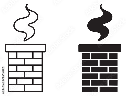 Line art and silhouette chimney and smoke icon set featuring a brick chimney with smoke emanating from it for various home heating or winter related designs