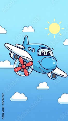 Cartoon airplane flying in sky.
