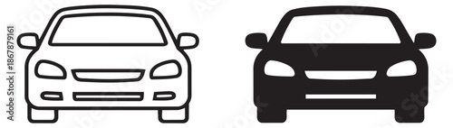 Line art and silhouette car set featuring a front view for transportation and automotive design