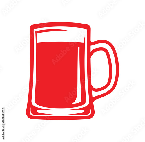 Stylized red beer mug graphic isolated on white background for various creative concepts