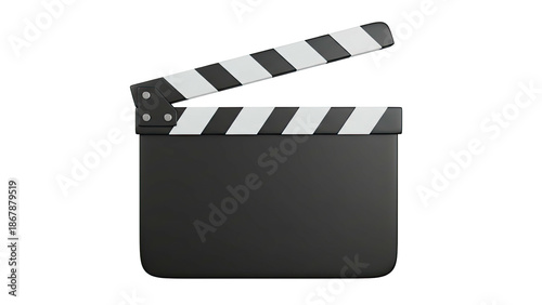 3D rendering of a black clapperboard with striped clapstick on a white background
