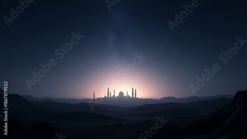 Majestic mosque silhouette at sunset with starry night sky