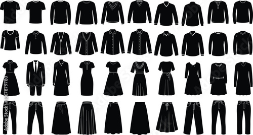 Silhouette icons of various clothing styles including tops, dresses, pants, skirts, and suits arranged in grid fashion design