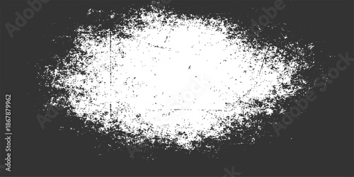 Abstract black and white grunge background featuring a dark ink splash design with a dirty paint texture and liquid spray border pattern