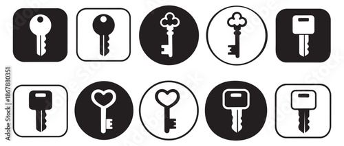 Minimalist key icon set featuring diverse key designs for security and access applications