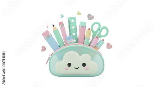 3D rendering of a cartoon pencil case with stationery and hearts floating around it