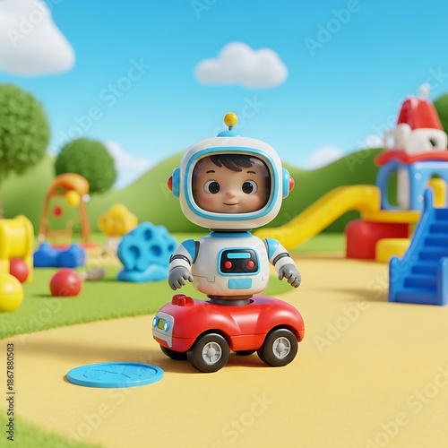 Child astronaut toy on red car.