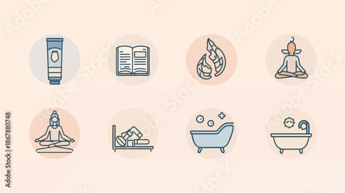 A collection of eight minimalist line art icons representing wellness, self-care, and relaxation activities such as meditation, reading, bathing, and skincare.